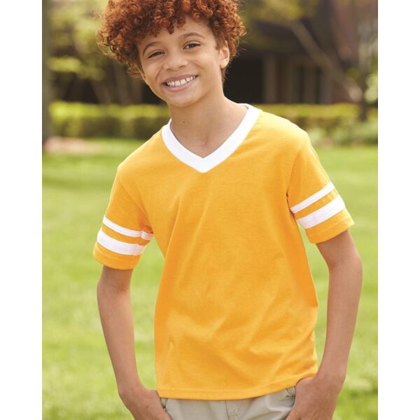 Augusta Sportswear Youth V-Neck Jersey with Striped Sleeves 361 Youth V-Neck Jersey with Striped Sleeves Thumbnail